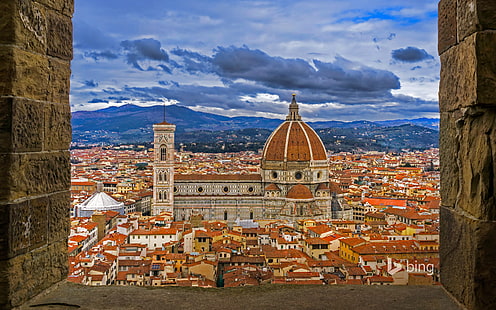 brown and beige building painting, home, Italy, panorama, Florence, the dome, the Cathedral of Santa Maria del Fiore, the view from the tower of Palazzo Vo, HD wallpaper HD wallpaper