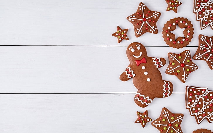 Merry Christmas!, craciun, christmas, food, sweet, dessert, card, cookies, gingerbrad, white, wood, HD wallpaper