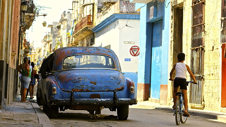 classic blue car, Cuba, Havana, car, HD wallpaper