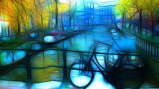 Amsterdam, Holanda, bicicleta, pintura, dibujo, colorido, países bajos, canal, agua, líneas, Fondo de pantalla HD HD wallpaper