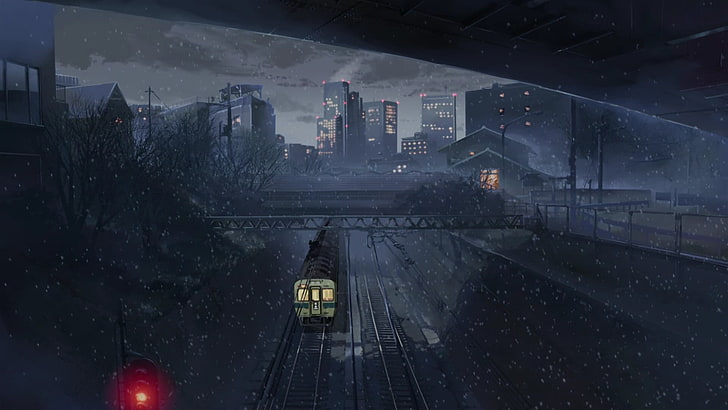 pociąg na kolei w kierunku malarstwa miejskiego, pociąg, noc, miasto, anime, 5 centymetrów na sekundę, dzieło sztuki, pejzaż miejski, pojazd, Tapety HD