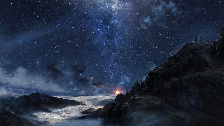 Sternennacht, Sterne, digitale Kunst, Raum, Berge, HD-Hintergrundbild