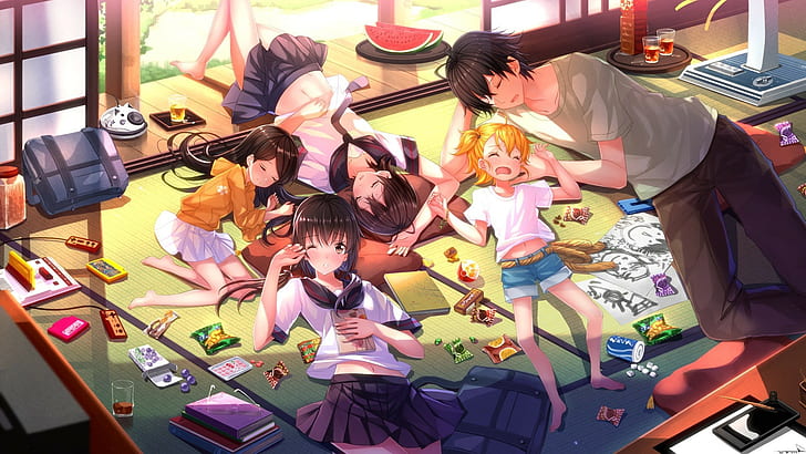 anime, Anime Boys, Anime Girls, Arai Tamako, Barakamon, Handa Seishuu, Kotoishi Naru, Kubota Hina, School Uniform, Sleeping, Swordsouls, Yamamura Miwa, HD wallpaper