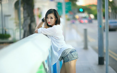 mulheres, asiáticos, jeans rasgados, jeans, shorts, HD papel de parede HD wallpaper