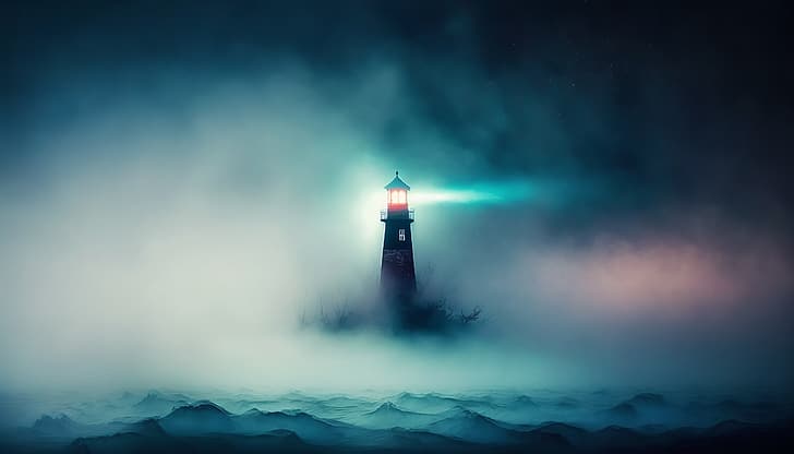 AI art, illustration, mist, lighthouse, sea, HD wallpaper