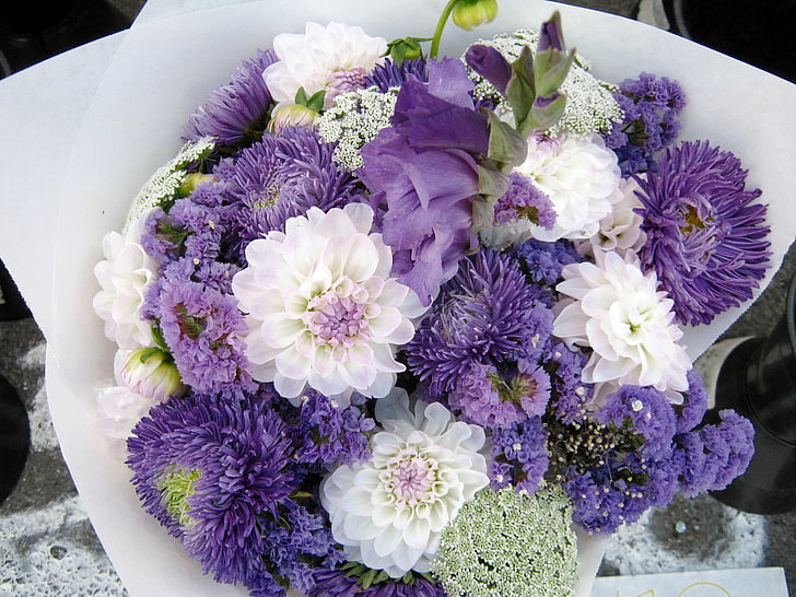 fleurs blanches et violettes, dahlias, chrysanthèmes, fleurs, bouquet, décoration, Fond d'écran HD