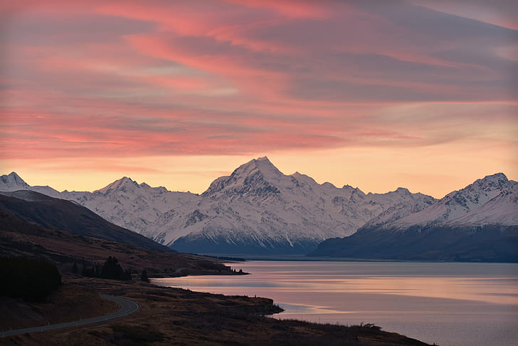 mountain covered in ice near body of water during daytime, mount cook, mount cook, Mount Cook, sunset, mountain, ice, body of water, daytime, new zealand, canterbury, high country, mackenzie country, mt cook, lake pukaki, nikon d810a, sigma, F2.8, pete, lookout, colours, pink, nature, lake, landscape, scenics, mountain Peak, sky, outdoors, mountain Range, reflection, HD wallpaper