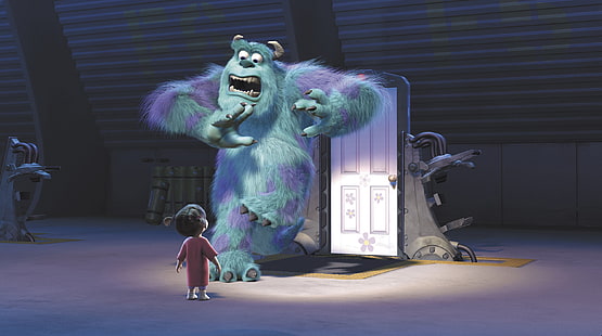 James P Sullivan i Boo na scenie filmowej Disney's Monster Inc., Boo, Sulley, Monsters Inc, Animation, Pixar, Tapety HD HD wallpaper