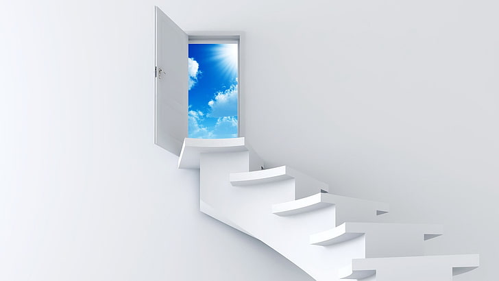 białe drewniane schody, sztuka cyfrowa, białe tło, schody, drzwi, niebo, chmury, słońce, Tapety HD