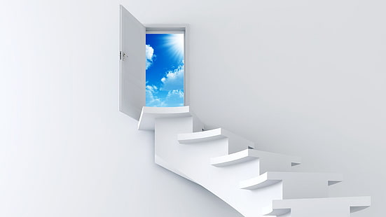 white wooden staircase, digital art, white background, stairs, door, sky, clouds, Sun, HD wallpaper HD wallpaper