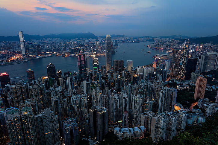 Hong Kong, city, lights, HD wallpaper