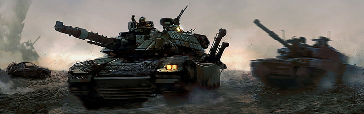 خلفية دبابات قتال سوداء ، دبابة ، عسكرية ، حرب ، عمل فني ، شاشة متعددة ، M60A3 ، ليوبارد 2 ، شاشات مزدوجة، خلفية HD