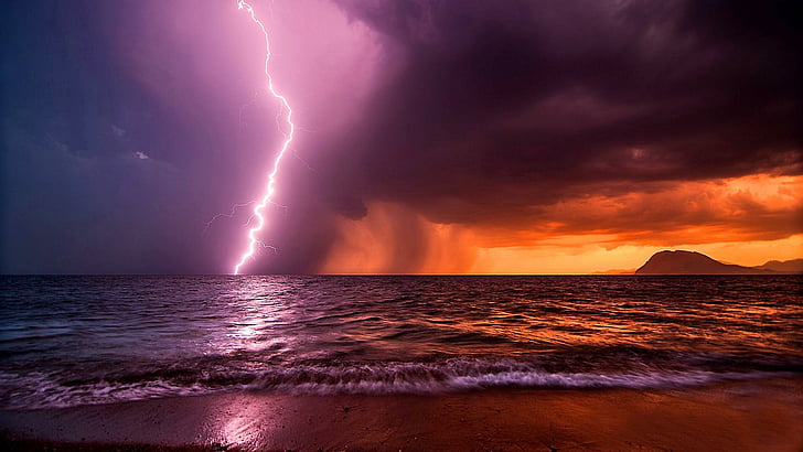 море, закат, вечер, явление, Греция, пляж, Закинф, пляж Каламаки, каламаки, горизонт, молния, побережье, волна, гром, гроза, облако, небо, забастовка, удар молнии, шторм, HD обои