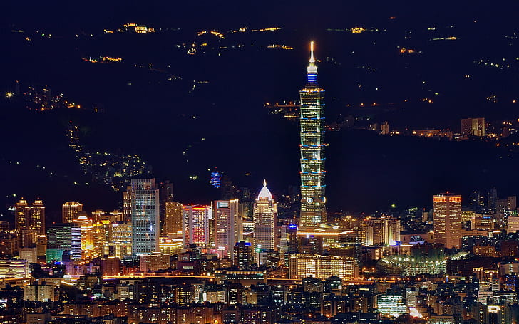 Taipei, night city, skyscrapers, illumination, Taipei, Night, City, Skyscrapers, Illumination, HD wallpaper