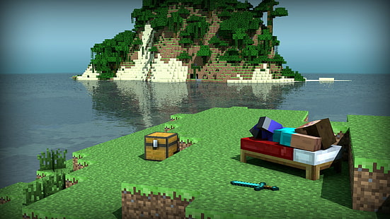 Videospel, Minecraft, Bed, Island, Mojang, Steve (Minecraft), Sword, Water, HD tapet HD wallpaper