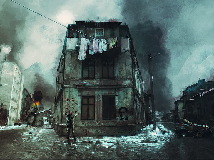 brown and black building painting, road, girl, the city, fire, garbage, war, graffiti, linen, dirt, HD wallpaper