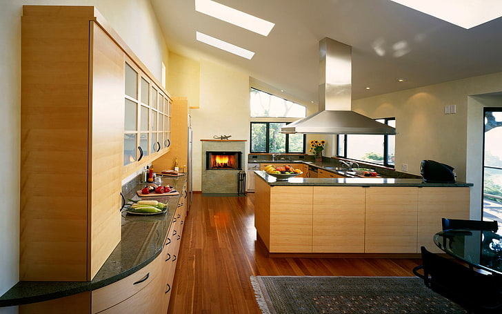 brown wooden kitchen, design, food, interior, fireplace, flat, room, kitchen, vegetable, light, style, fruit, HD wallpaper