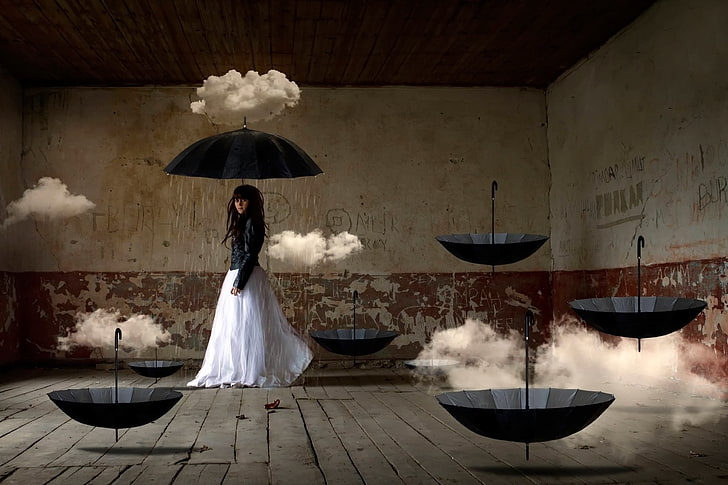 kvinnor, surrealistiskt, paraply, konstverk, digital konst, moln, tittar på betraktaren, vägg, HD tapet