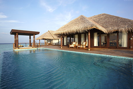booking, sea, ocean, travel, sky, vacation, pool, hotel, water, Anantara Kihavah Villas, blue, Worlds best diving sites, resort, Maldives, HD wallpaper HD wallpaper