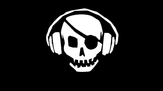 Ilustración del cráneo blanco, auriculares, cráneo, minimalismo, fondo negro, parche en el ojo, negro, Fondo de pantalla HD HD wallpaper