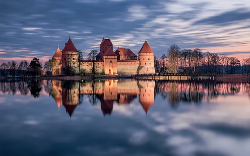 Trakai, Lithuania, castle, lake, water reflection, sunset, Trakai, Lithuania, Castle, Lake, Water, Reflection, Sunset, HD wallpaper HD wallpaper