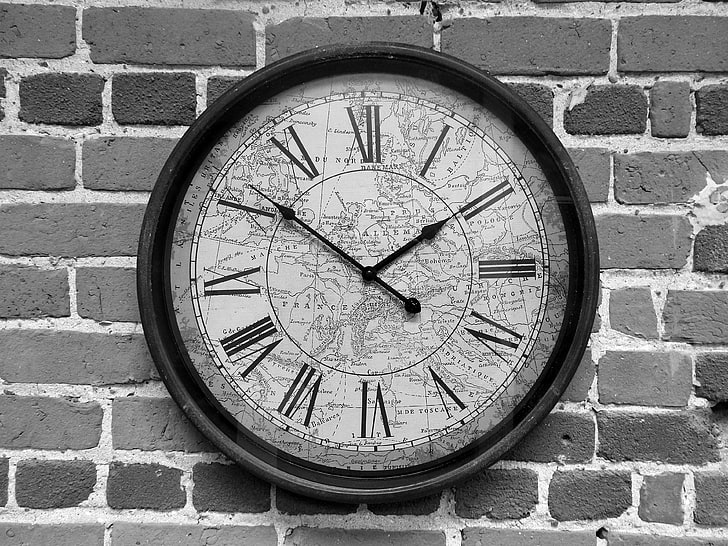 black and white, brick wall, clock, HD wallpaper