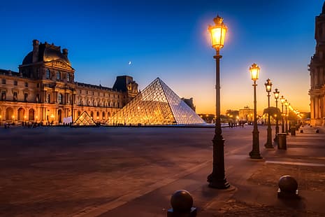  night, the city, France, Paris, building, The Louvre, lighting, area, lights, Museum, HD wallpaper HD wallpaper