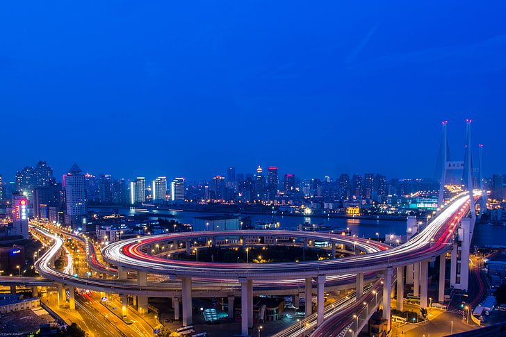 градски силует, мост нанпу, река, хуангпу, Шанхай, HD тапет