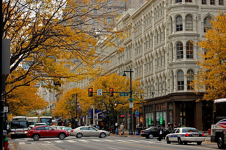 красно-серый седан, осень, город, движение, улица, небоскребы, Чикаго, HD обои HD wallpaper