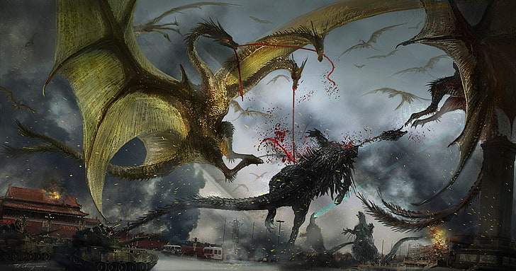 Godzilla, Raja Ghidorah, kaiju, seni fantasi, Wallpaper HD