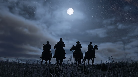 ночь, луна, ковбои, Red Dead Redemption 2, дикий запад, HD обои HD wallpaper
