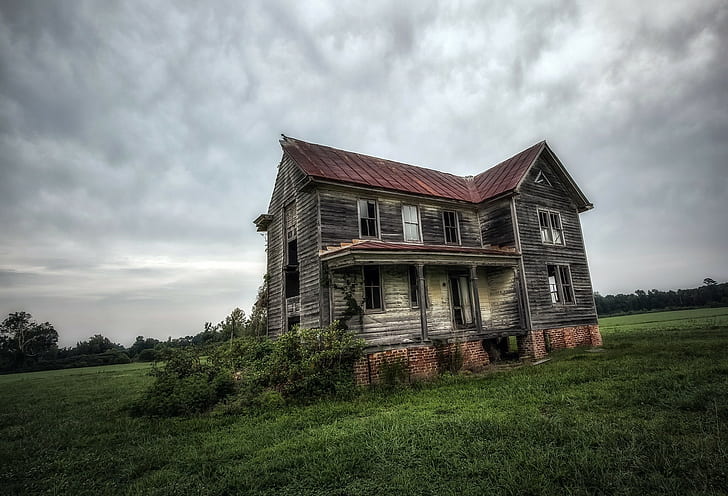 old, house, ruin, abandoned, overcast, grass, field, HD wallpaper
