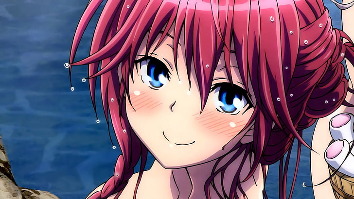 personnage d'anime femelle aux cheveux rouges, anime, anime girls, Trinity Seven, Asami Lilith, souriant, yeux bleus, cheveux roses, cheveux longs, eau, Fond d'écran HD