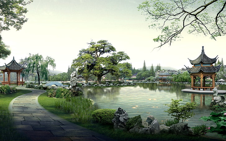 green leafed trees, china, nature, buildings, pagoda, lake, photoshop, HD wallpaper