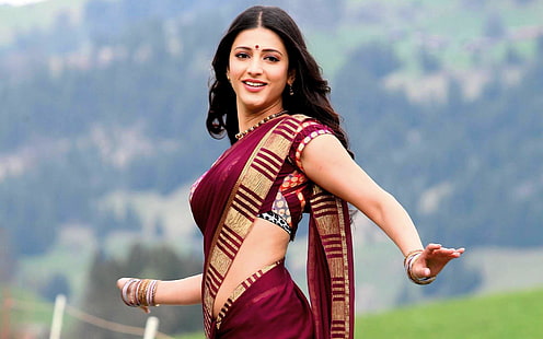 Shruti Hassan In Red Saree, donna marrone e beige sari, Celebrità femminili, Shruti Haasan, attrice, saree, Sfondo HD HD wallpaper