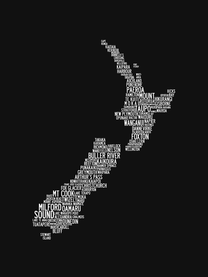 white map cloud text, minimalism, black background, simple background, map, New Zealand, island, white, text, town, typography, HD wallpaper