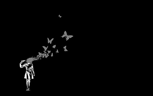 момиче с тапети пеперуди, тъмно, емо, HD тапет HD wallpaper