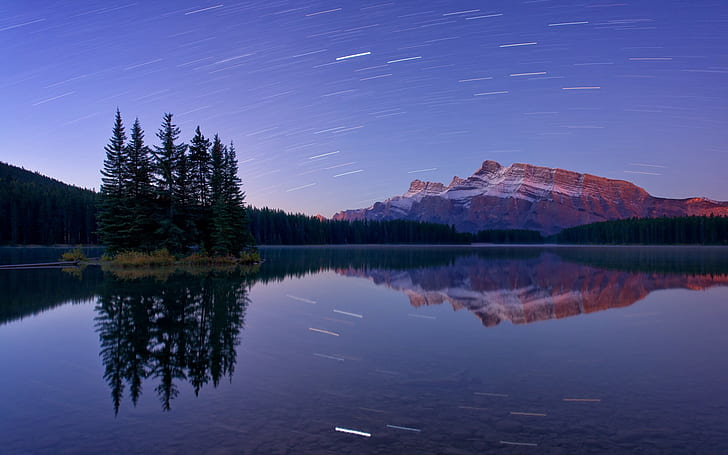 landschaft, natur, langzeitbelichtung, insel, spiegelung, berge, banff national park, kanada, HD-Hintergrundbild