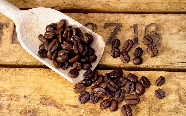coffee beans, coffee, grains, paddle, board, figures, HD wallpaper