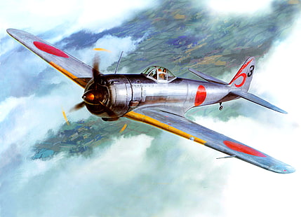 szaro-czerwony samolot, niebo, figura, sztuka, wojsko, japoński, II wojna światowa, Nakajima Ki-43 Hayabusa, (Typ 1), myśliwiec jednomiejscowy, Tapety HD HD wallpaper