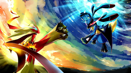 синий персонаж покемон, покемон, Blaziken (покемон), Лукарио (покемон), HD обои HD wallpaper