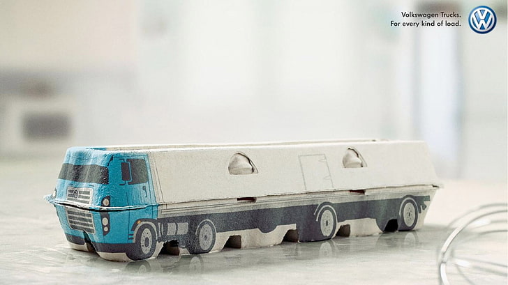 weißes und blaues LKW-Spielzeug, Grafik, Volkswagen, Fahrzeug, Werbung, HD-Hintergrundbild