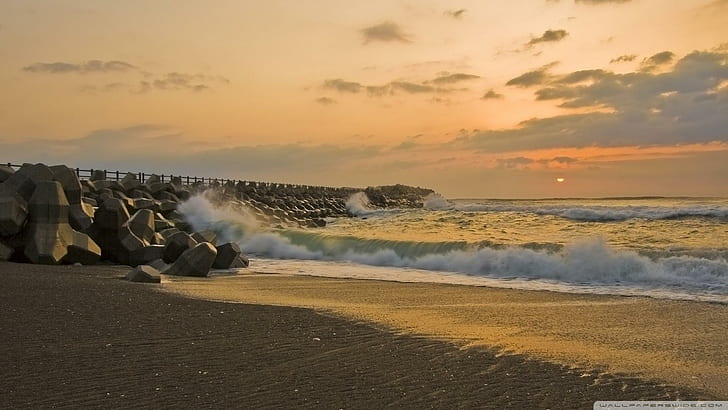 Stone Breaker Beach, beach, stones, breaker, waves, sunset, nature and landscapes, HD wallpaper