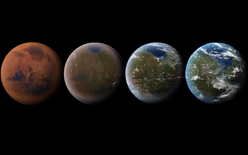 Ilustracja Marsa, sztuka cyfrowa, sztuka kosmiczna, planeta, przestrzeń, Mars, transformacja, tekstura, czarne tło, atmosfera, życie, wyobraźnia, Terraform, Tapety HD HD wallpaper