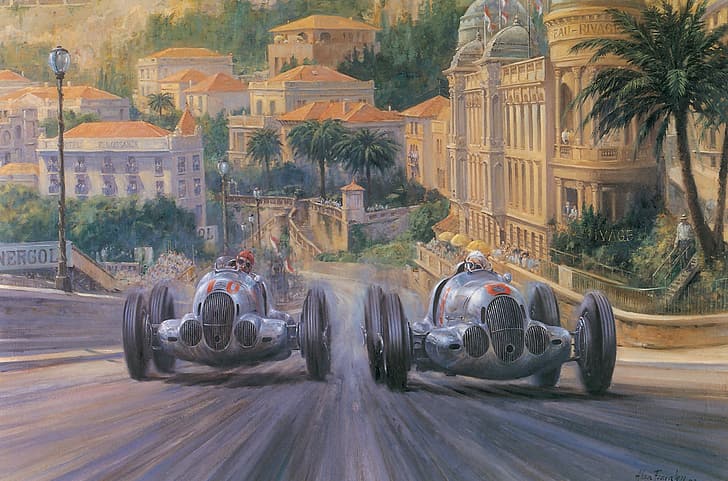 formula cars, oil painting, artwork, Alan Fearnley, HD wallpaper