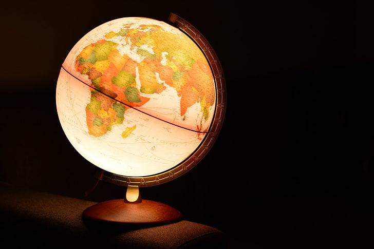 lighted desk globe, background, lamp, globe, HD wallpaper