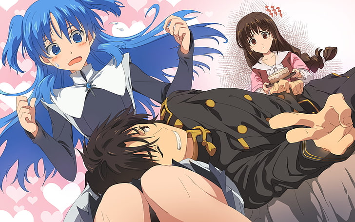 Anime Mädchen, blaue Augen, blaue Haare, Kopf auf den Knien, Kuchen, verlegen, errötend, HD-Hintergrundbild