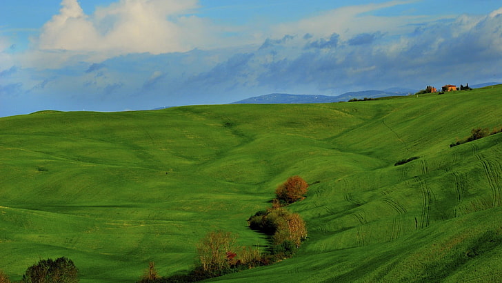 lukisan bidang rumput hijau, alam, lanskap, awan, bukit, Italia, Tuscany, rumput, bidang, pohon, rumah, hijau, Wallpaper HD