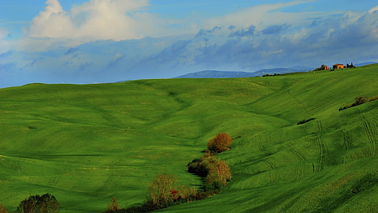 grüne Wiese Malerei, Natur, Landschaft, Wolken, Hügel, Italien, Toskana, Gras, Feld, Bäume, Haus, grün, HD-Hintergrundbild HD wallpaper