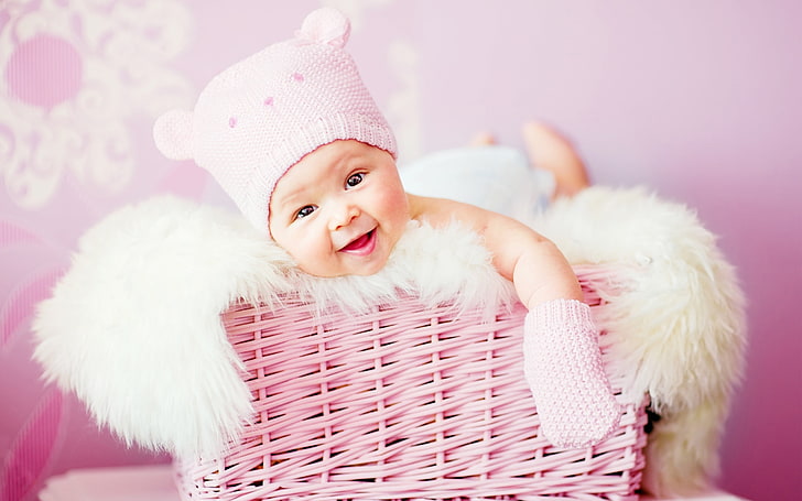 cute laughing baby-High Quality HD Wallpaper, baby's pink knit hat and mittens, HD wallpaper